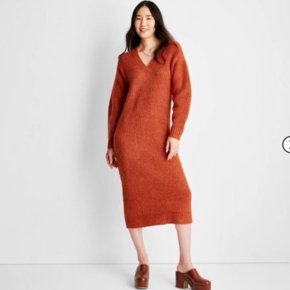 Long Sleeve Chunky Sweater Midi Dress, rust, fits m/l - Picture 1 of 7